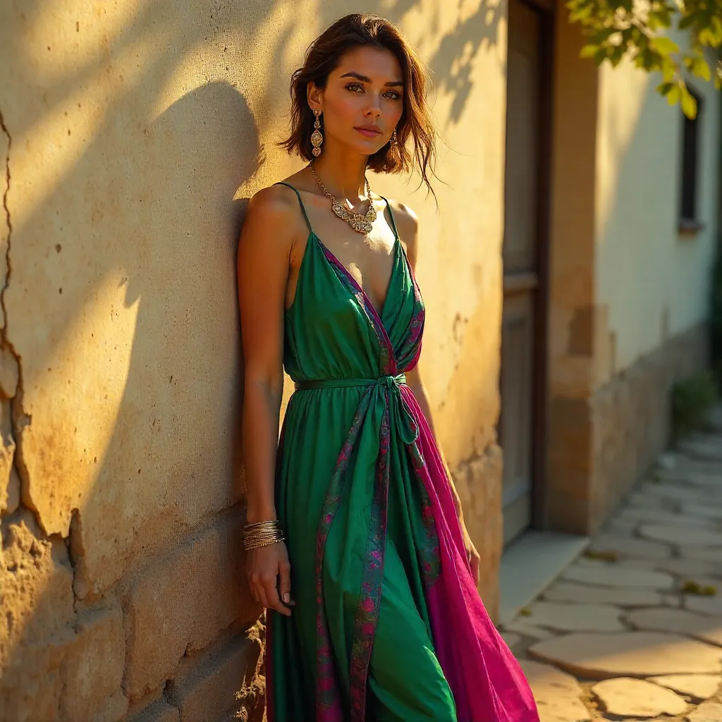 Elegant Woman by Rustic Wall in Vibrant Attire