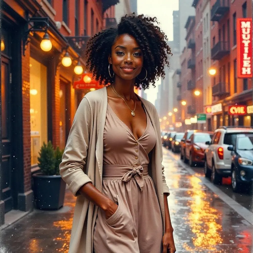 Elegant Black Girl in Downtown Watercolor