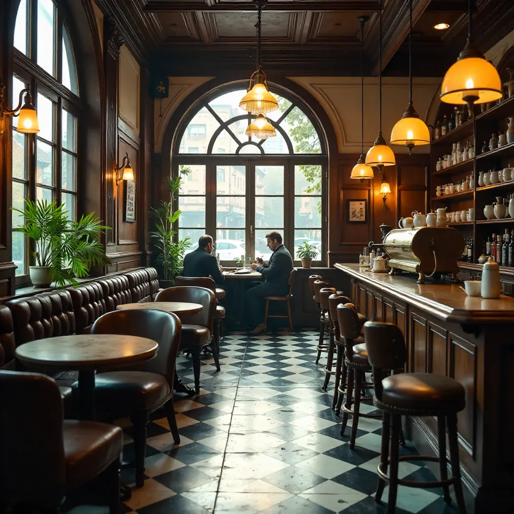 Cozy Vintage Cafe with Checkered Floor and Arched Windows