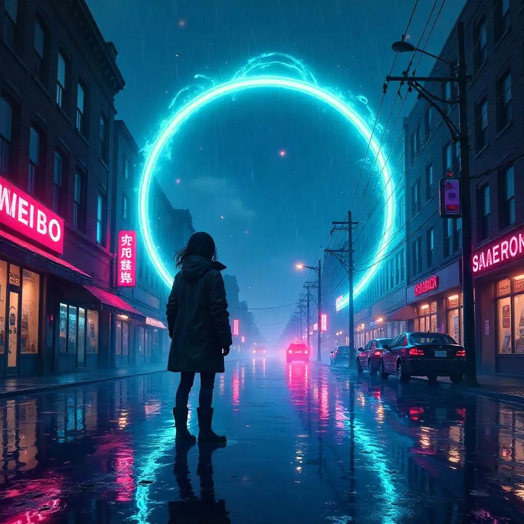 Portal Above the Flooded Neon City