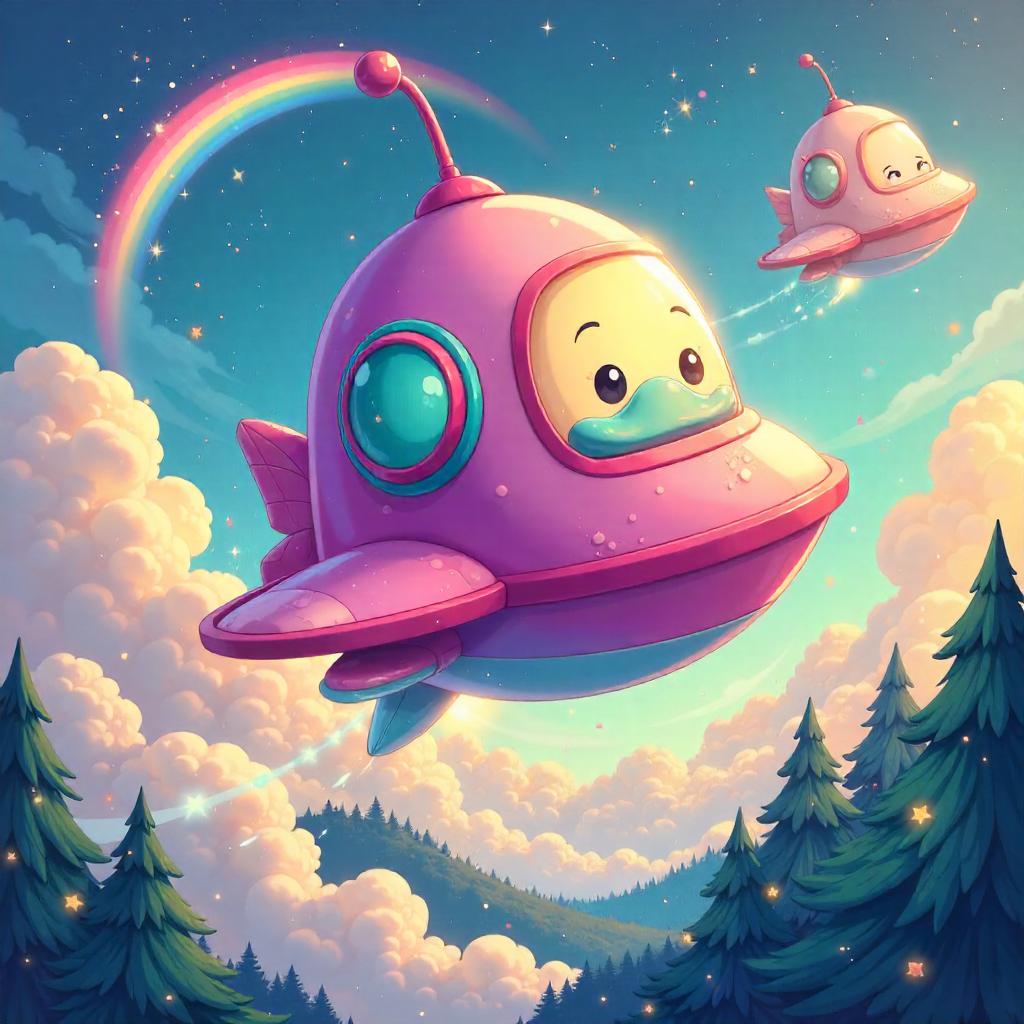 Whimsical Cosmic Cartoons: Spaceship in a Magical Realm