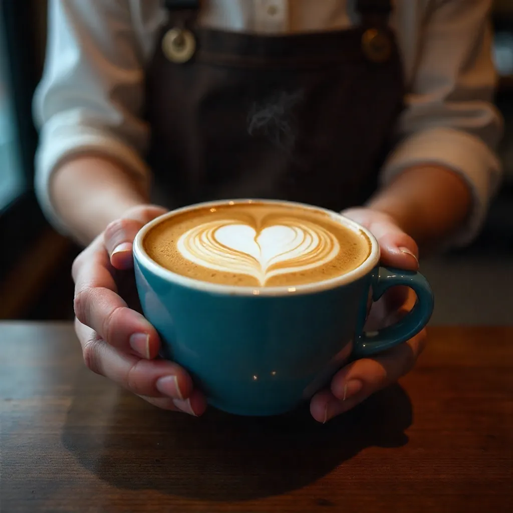 Barista Presents Heart Latte Art in a Blue Cup