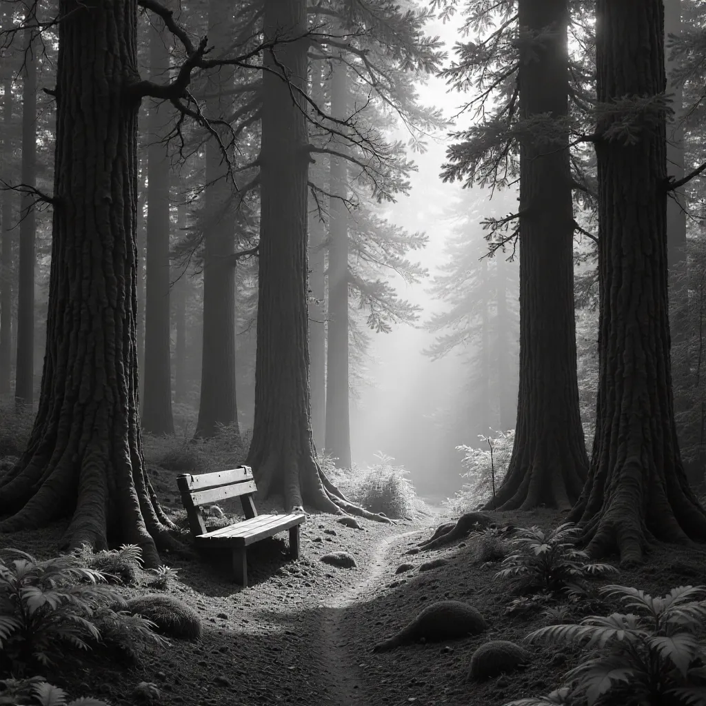 Monochrome Forest View with Tall Trees and Lone Bench