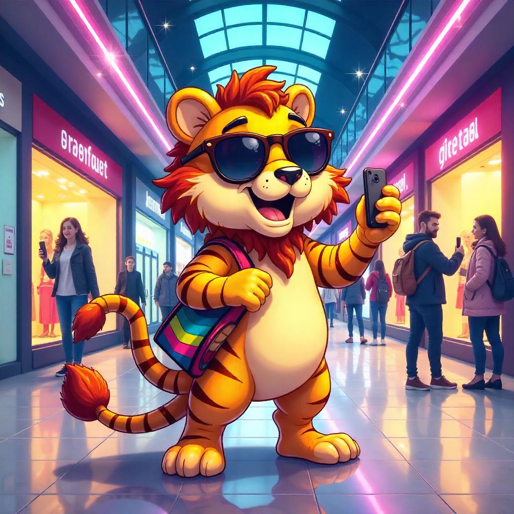 Cartoon Manticore in a Bustling Mall