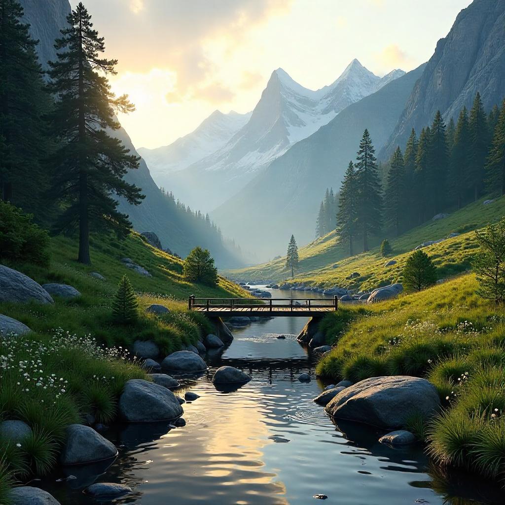 3D Valley in a Mountain Gorge at Dawn