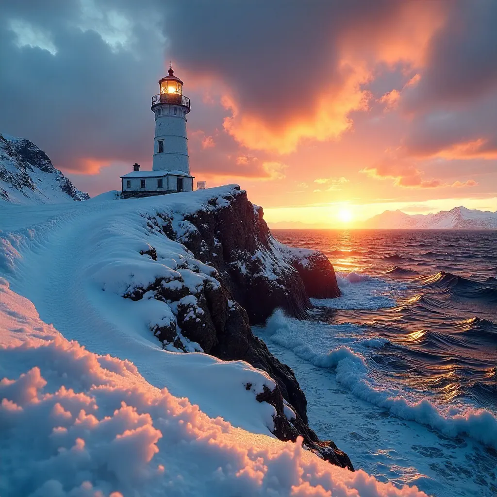 Sunset over a Snowbound Icelandic Lighthouse