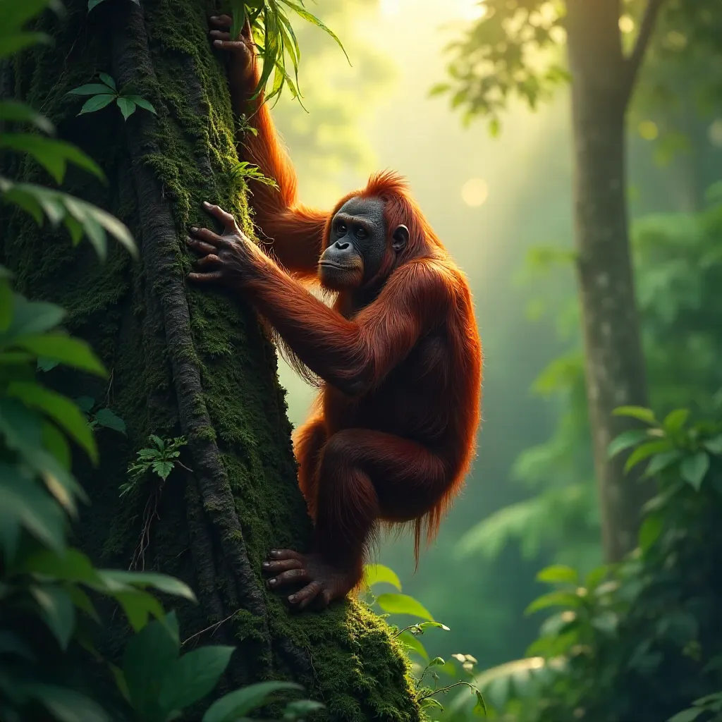 Majestic Sumatran Orangutan Climbing in Rainforest