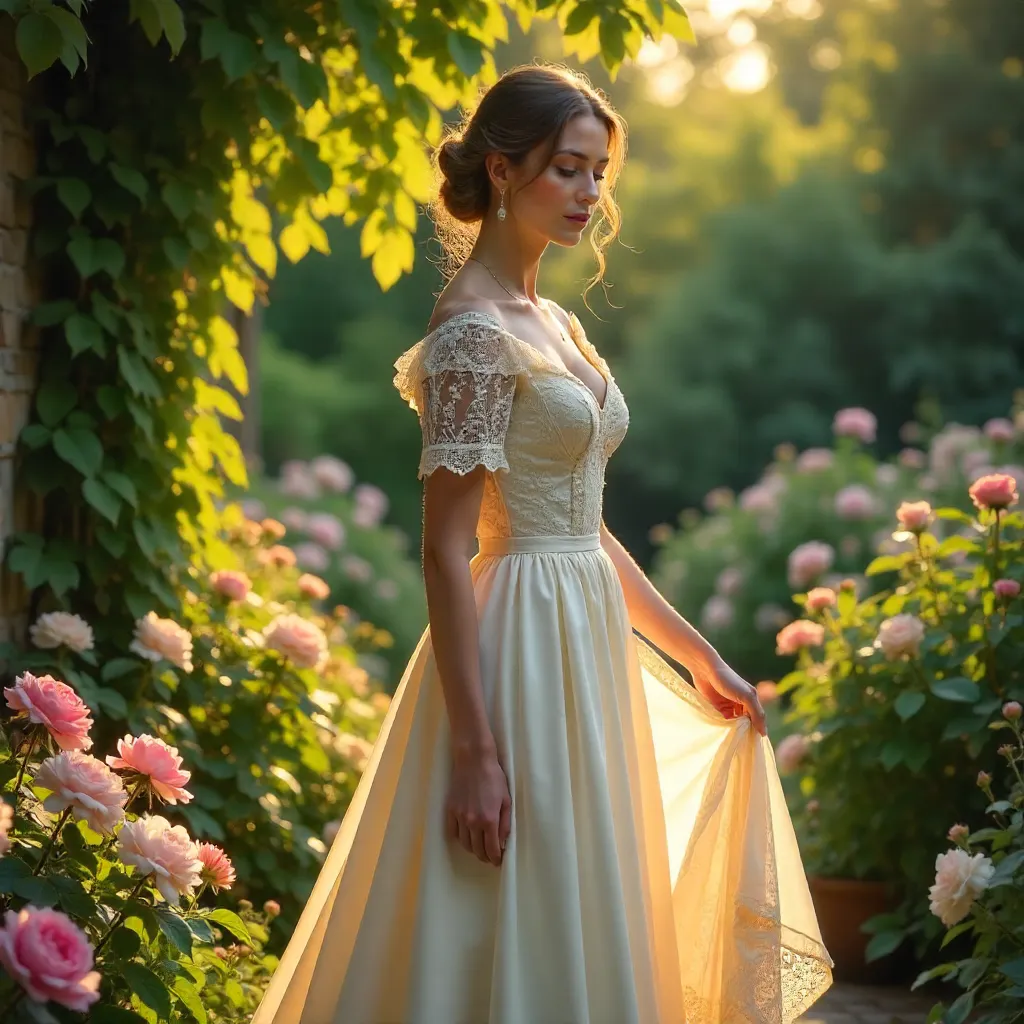 Romantic Garden Portrait: Woman in Vintage Dress with Parasol