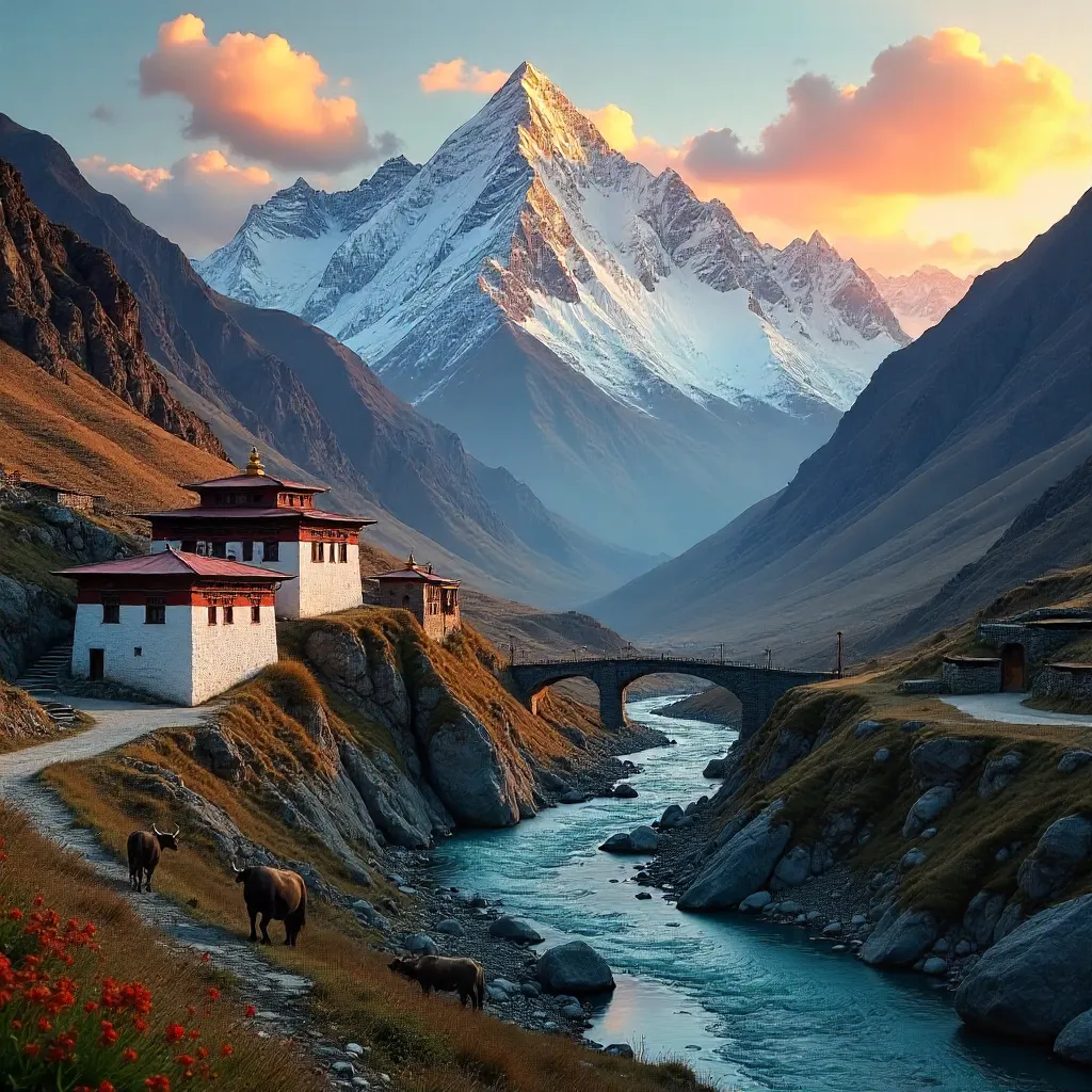 Sunset Over a Tibetan Village Beneath Snowy Peaks