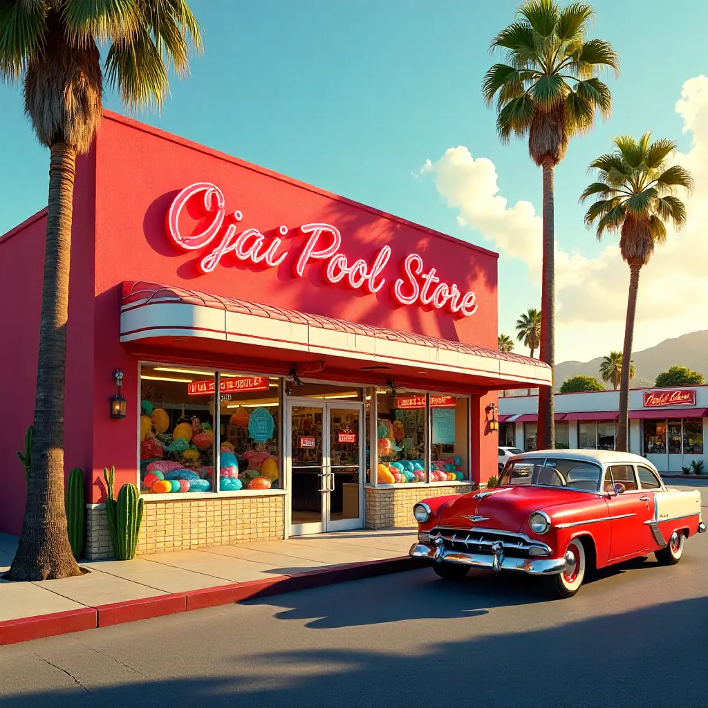 Ojai Pool Store: Vibrant Retro Red Facade