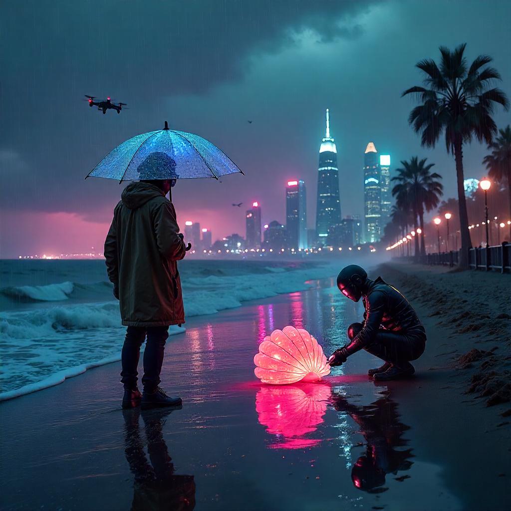 Neon Rain on a Cyberpunk Beach