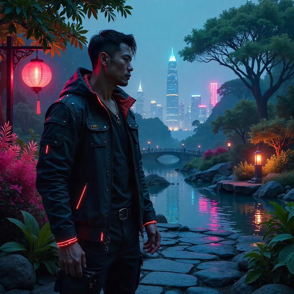 Neon Garden Warrior: Cyberpunk Asian Strongman