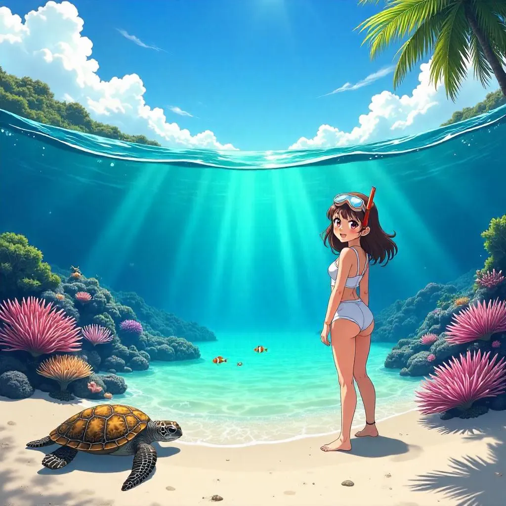 Sunlit Anime Beach by Coral Reef