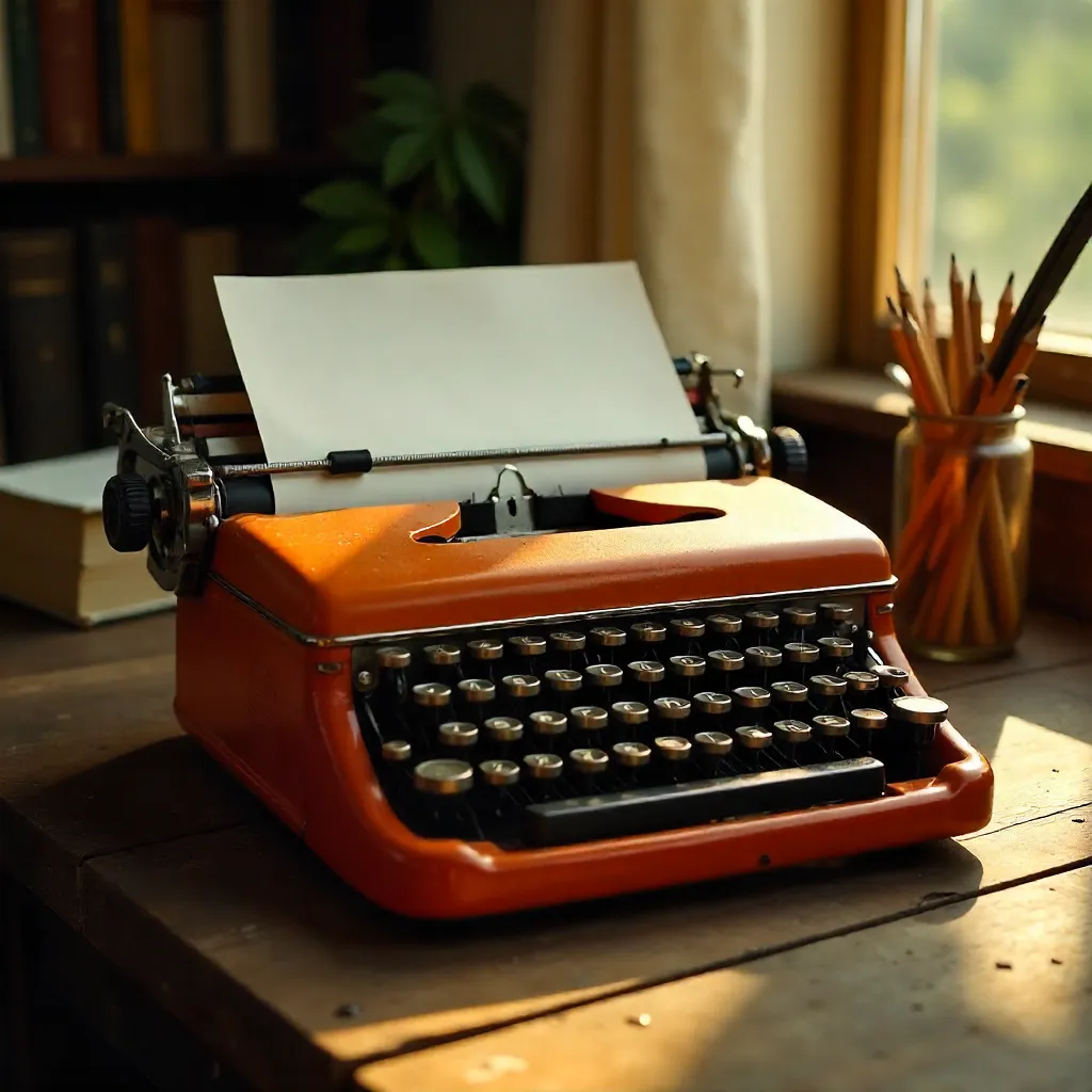 Retro Orange Typewriter on a Wooden Desk