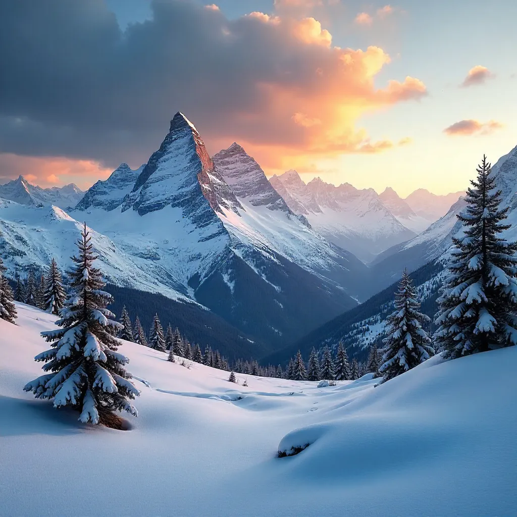 Majestic Snowy Swiss Alps Under Dramatic Sky