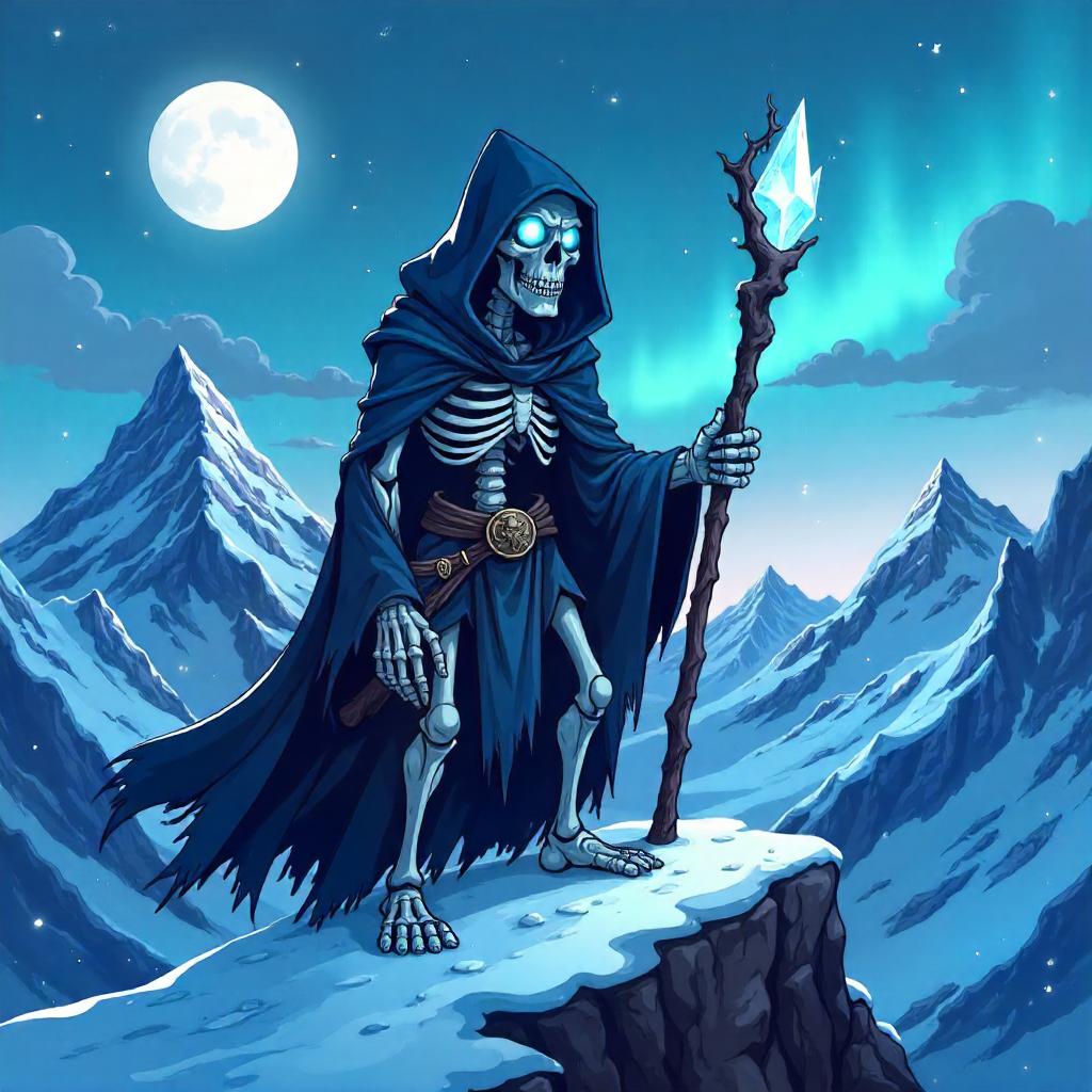 Cartoon Lich on a Snowy Summit