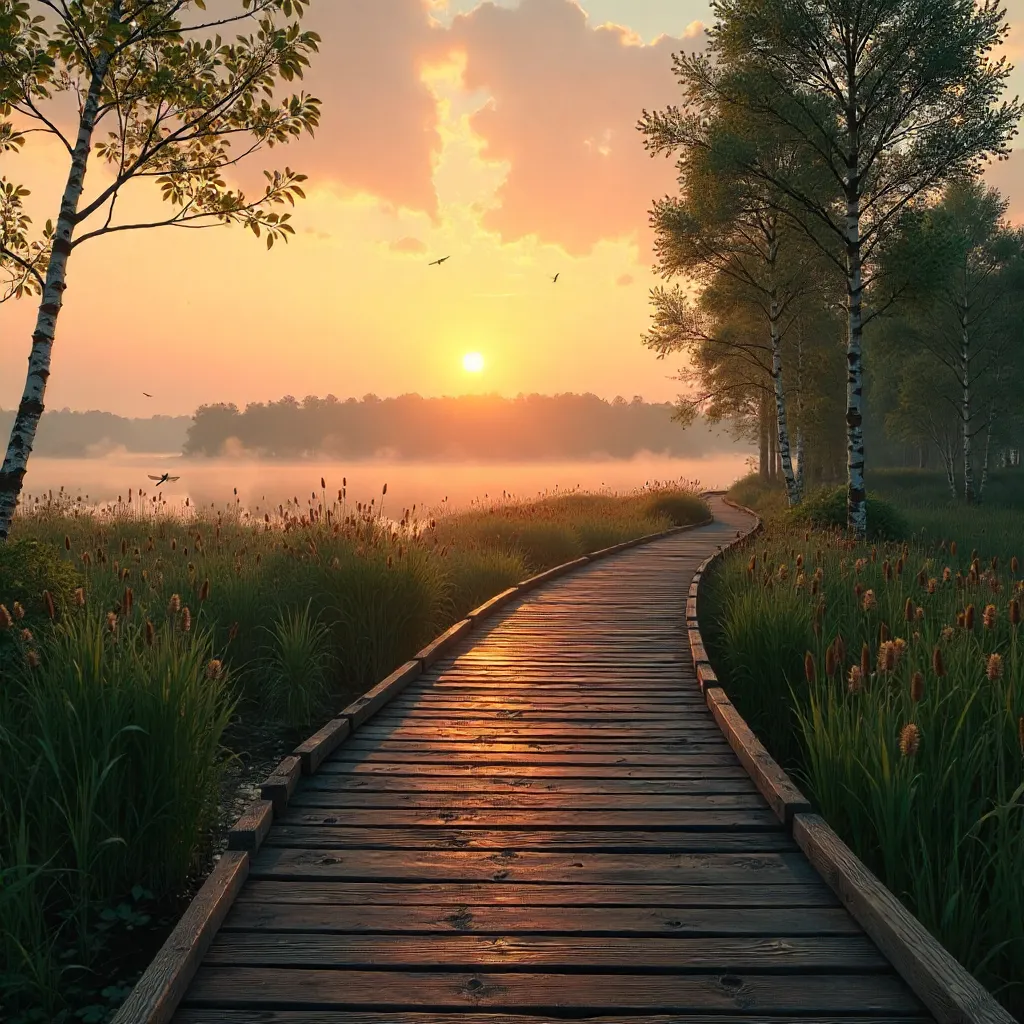 Tranquil Belarusian Wetland Boardwalk at Sunset