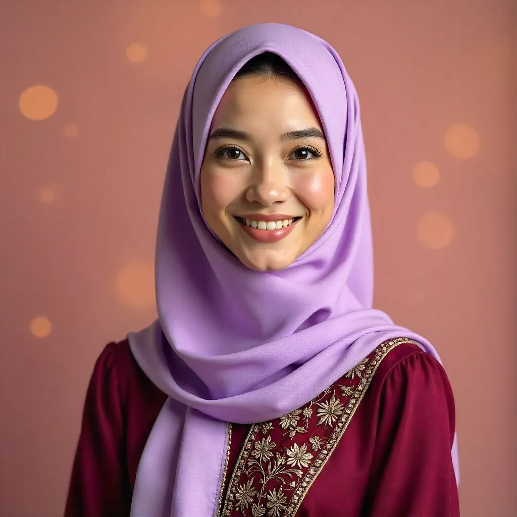 Vibrant Portrait: Lavender Hijab and Embroidered Maroon Dress