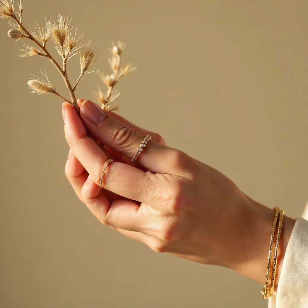 Minimalist Jewelry on Hand with Dried Branch