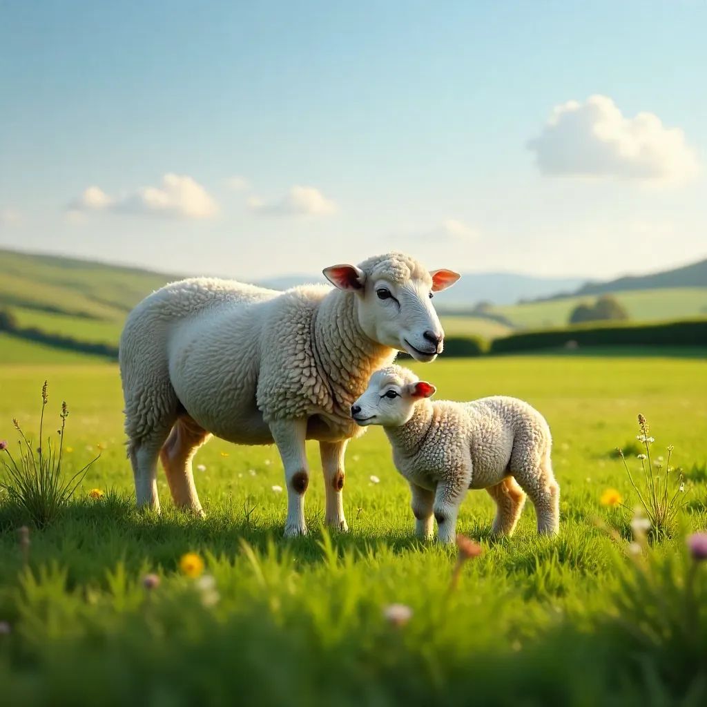 Mother Sheep and Lamb Grazing in a Lush Meadow