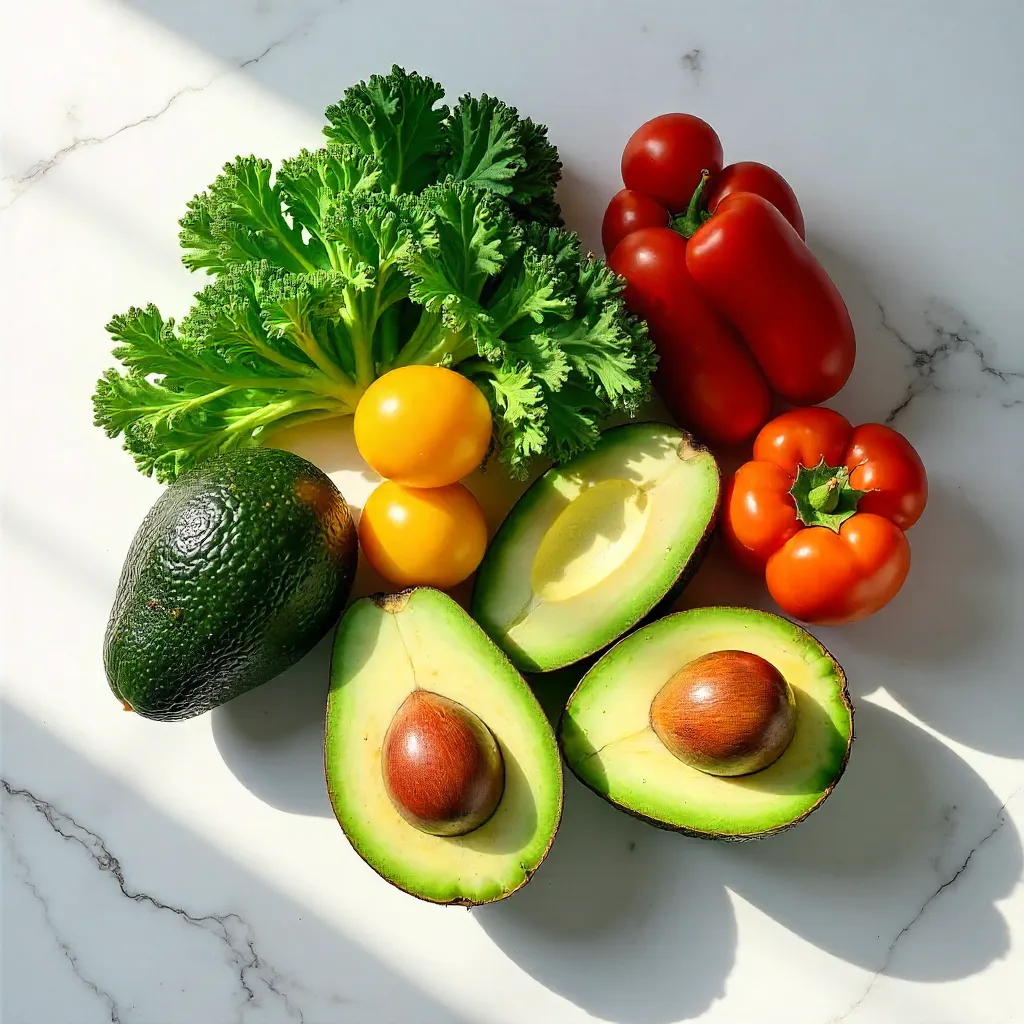 Top-Down Still Life: Avocados, Kale, Tomatoes on Marble
