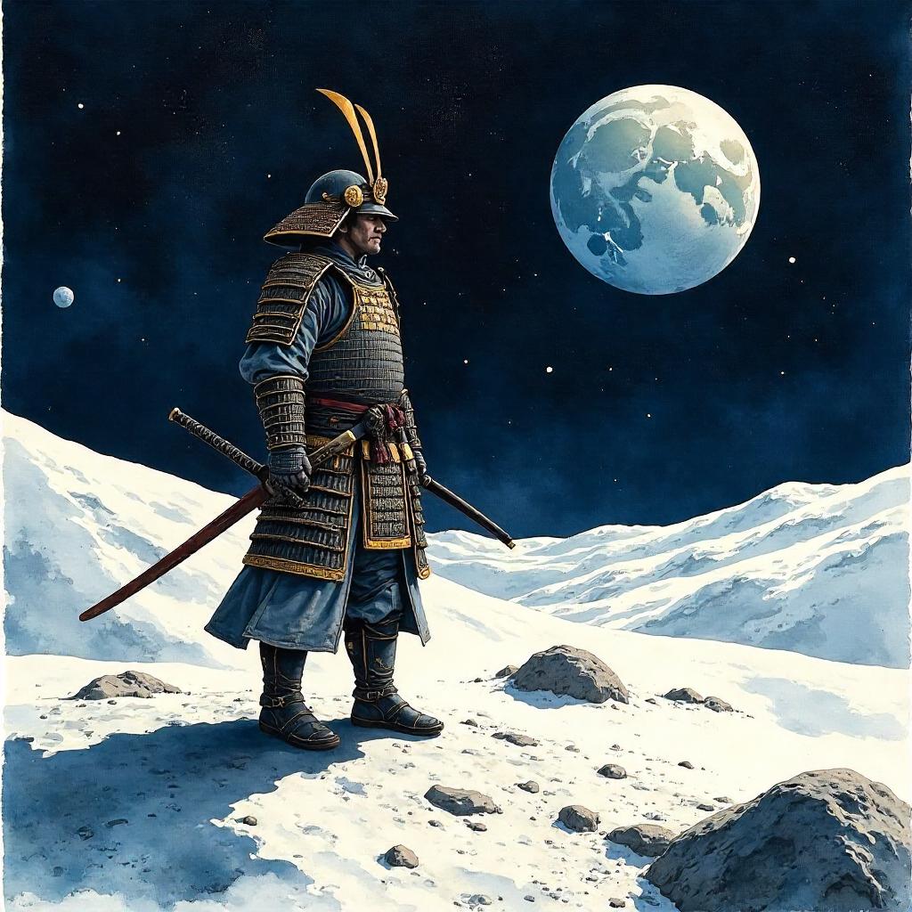 Moonlit Samurai in Watercolor on the Moon