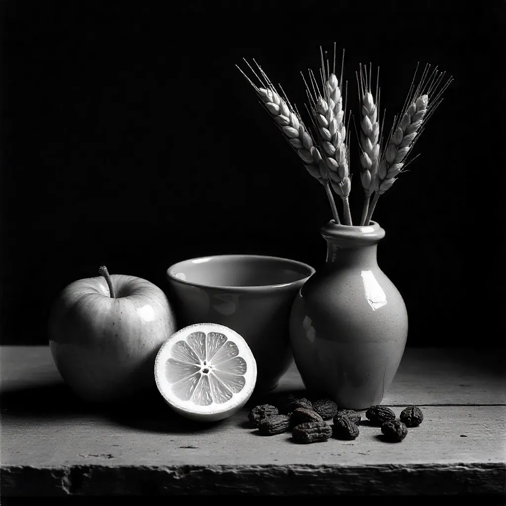 Monochrome Still Life with Apples, Lemon, Wheat, Raisins