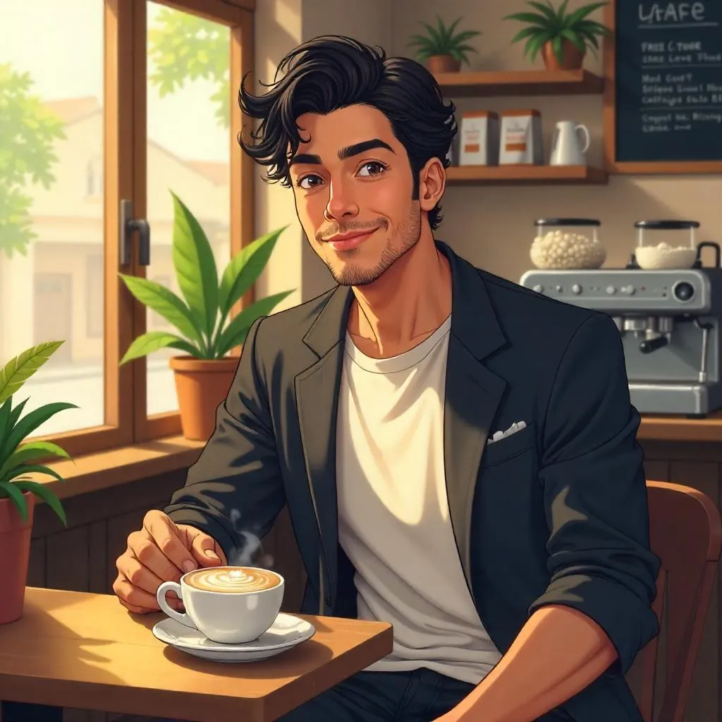 Handsome Latino Man in an Anime Coffee Shop