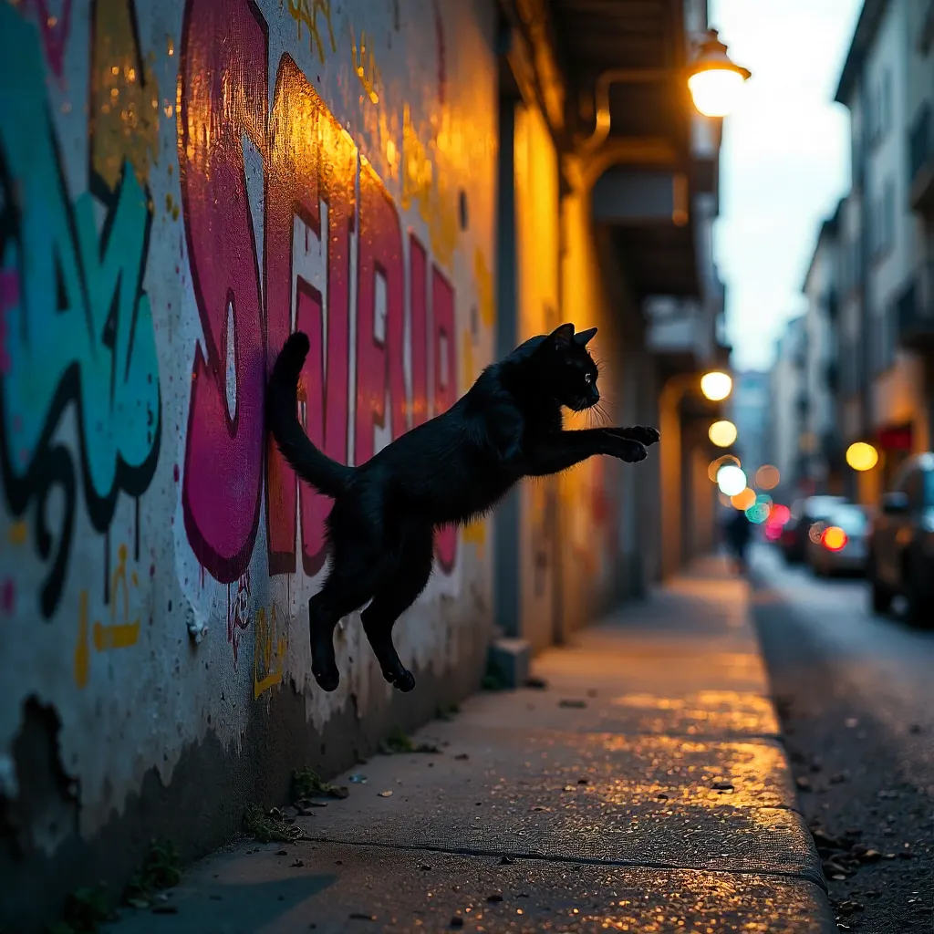 Midnight Leap: Black Cat Over Istanbul Graffiti Wall