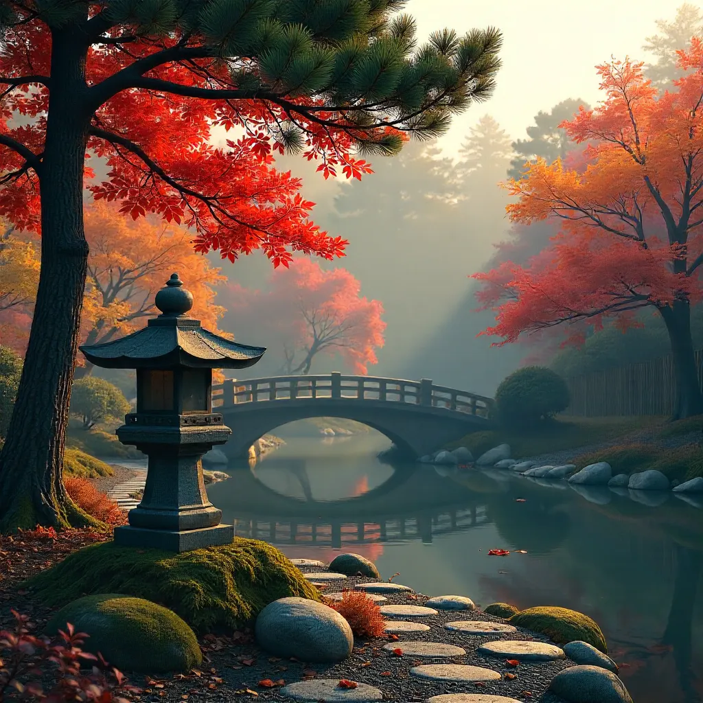 Tranquil Japanese Garden in Autumn with Stone Lantern and Pines