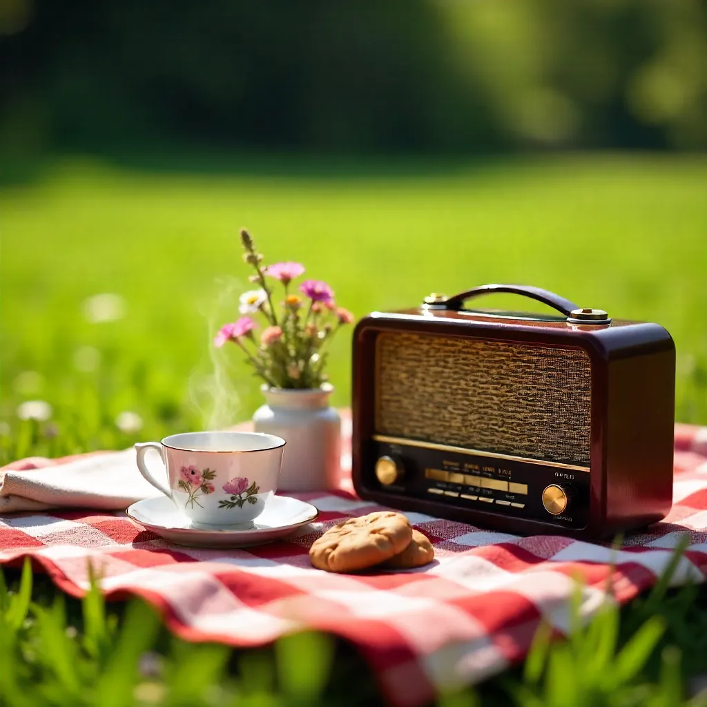 Vintage Picnic with Radio, Tea Cup, and Flowers