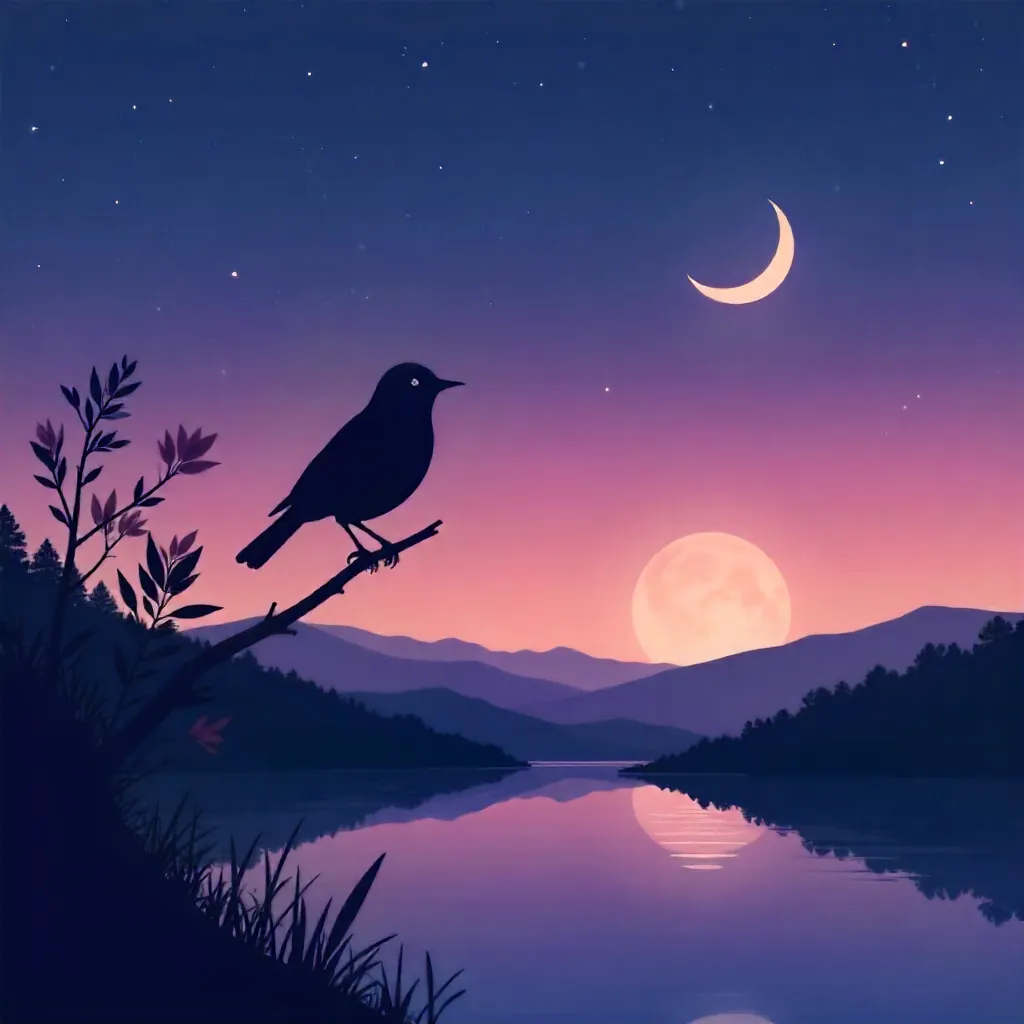 Twilight Silhouette: Bird and Crescent Moon