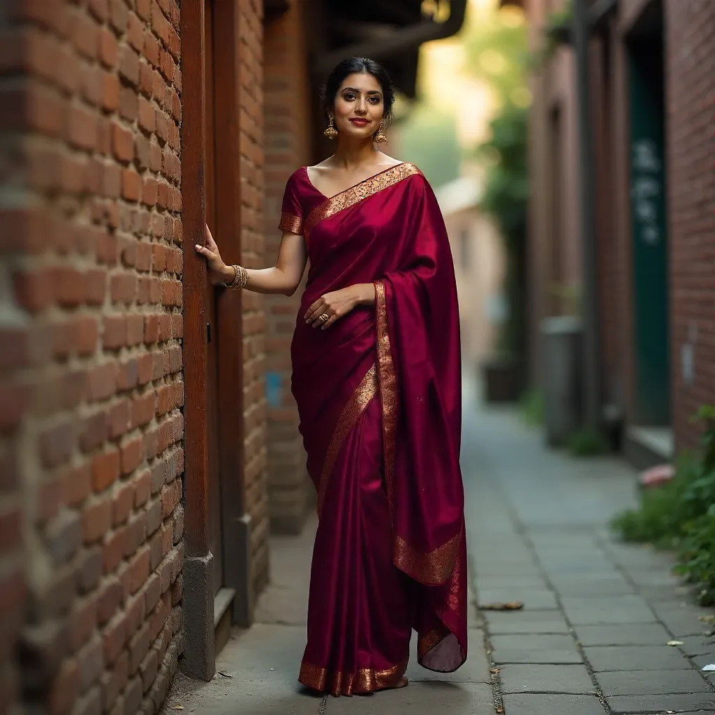 Graceful Burgundy Saree by Rustic City Door