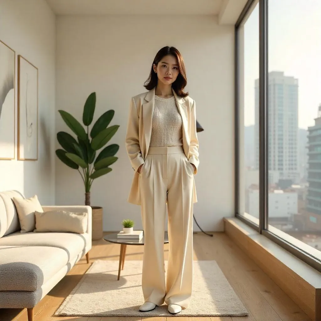 Photorealistic Stylish Asian Girl in a Modern Apartment