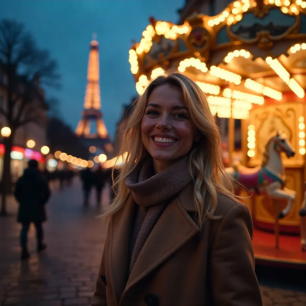 Blonde Woman in Front of Paris Carousel at Night