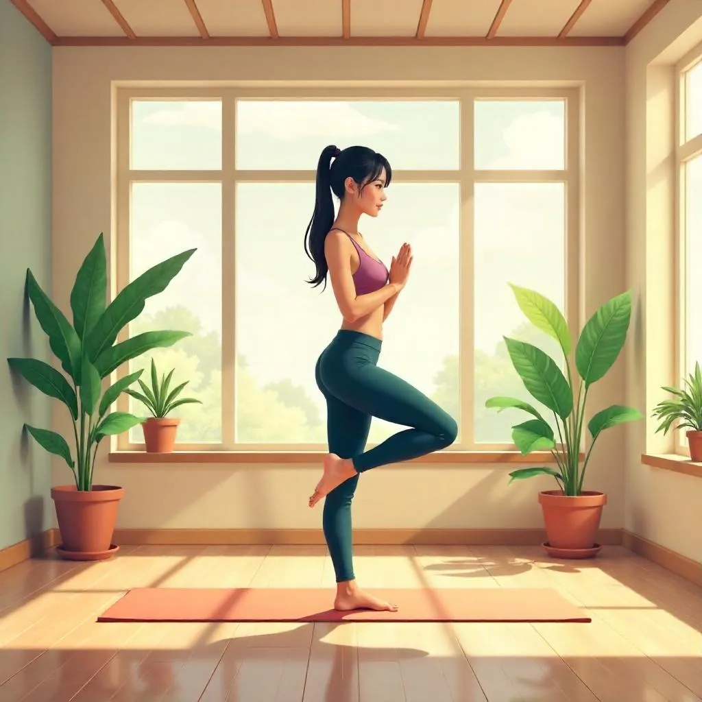 Anime-style adult Asian woman in a tranquil yoga studio