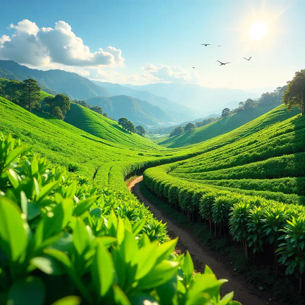 Sunlit Emerald Tea Fields: A Vast Green Panorama