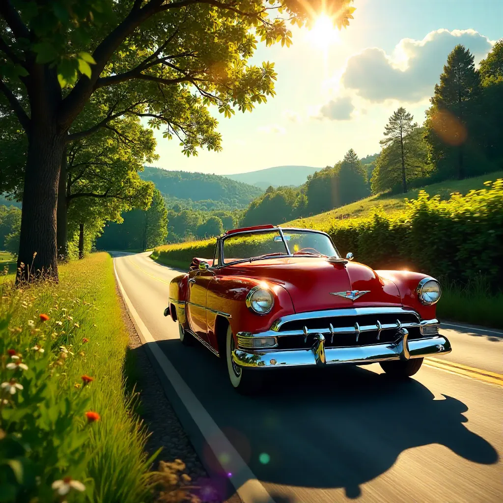 Vintage Car on a Sunny Scenic Country Road