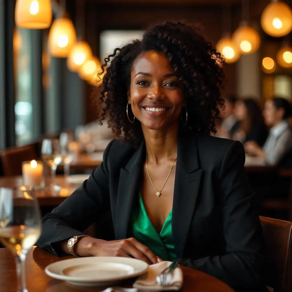 Stylish Black Woman in a Chic Modern Restaurant
