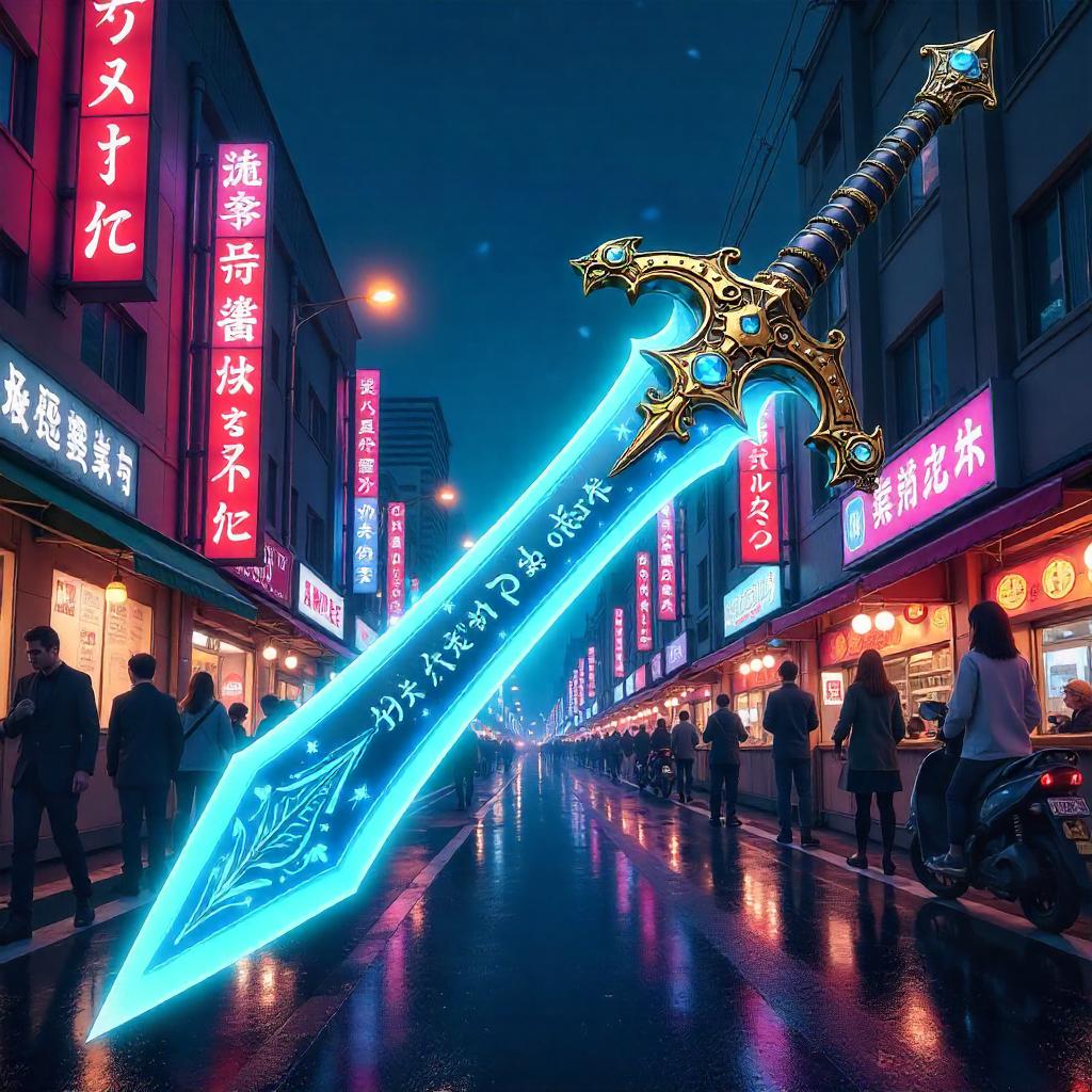 Enchanted Blade on a Neon City Street