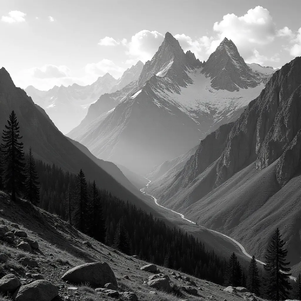 Black and White Talgar Peaks: Rugged Majesties and Serene Valleys