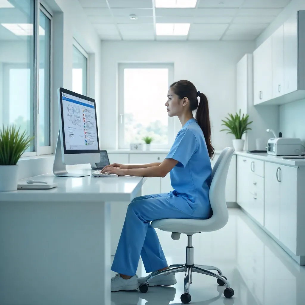 Young Nurse at Computer in Sterile Medical Office