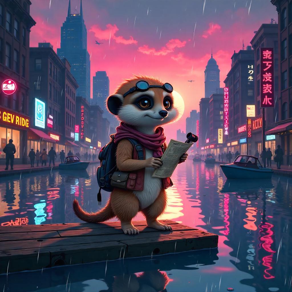 Meerkat Explorer in a Neon Flooded City