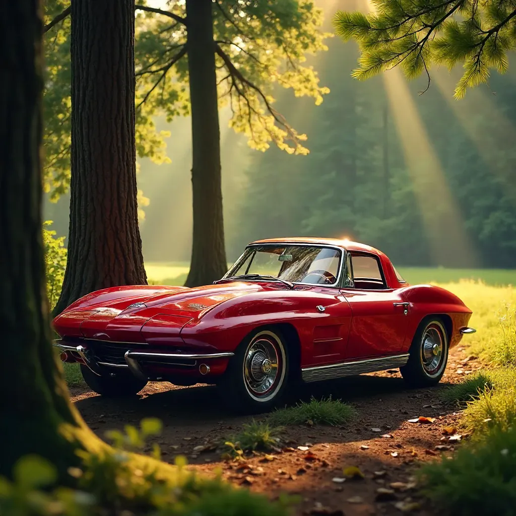 Vintage Red Corvette in a Forest Clearing