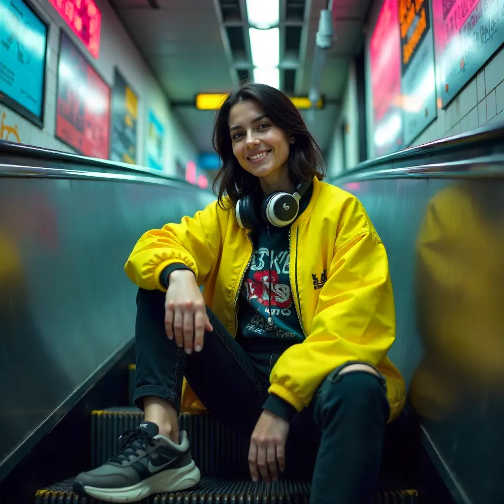 Smiling Woman on Escalator: Urban Subway Youth