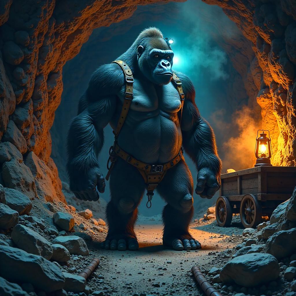 Gorilla in a Neon Underground Mine (Digital Art)
