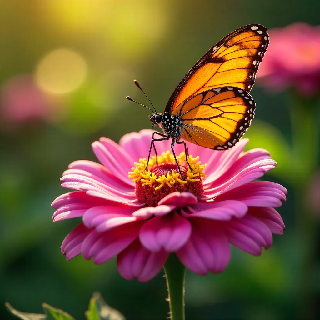 Sunlit Orange Butterfly on Pink Zinnia