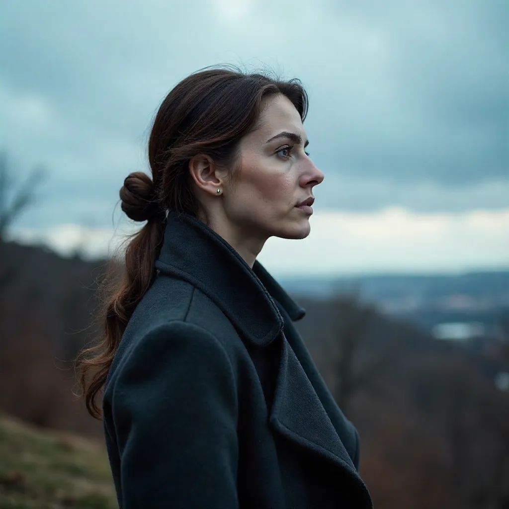 Pensive Side Profile in a Wool Coat Under Cloudy Skies