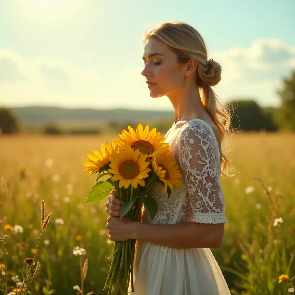 Peaceful Summer: Lace Dress and Sunflowers in Field