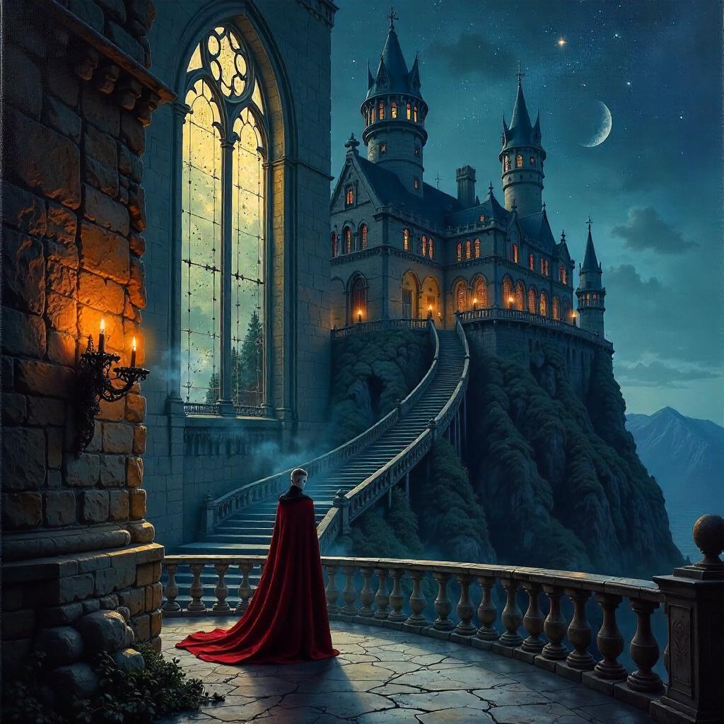 Starry Night Over a Vampire Castle in Oil